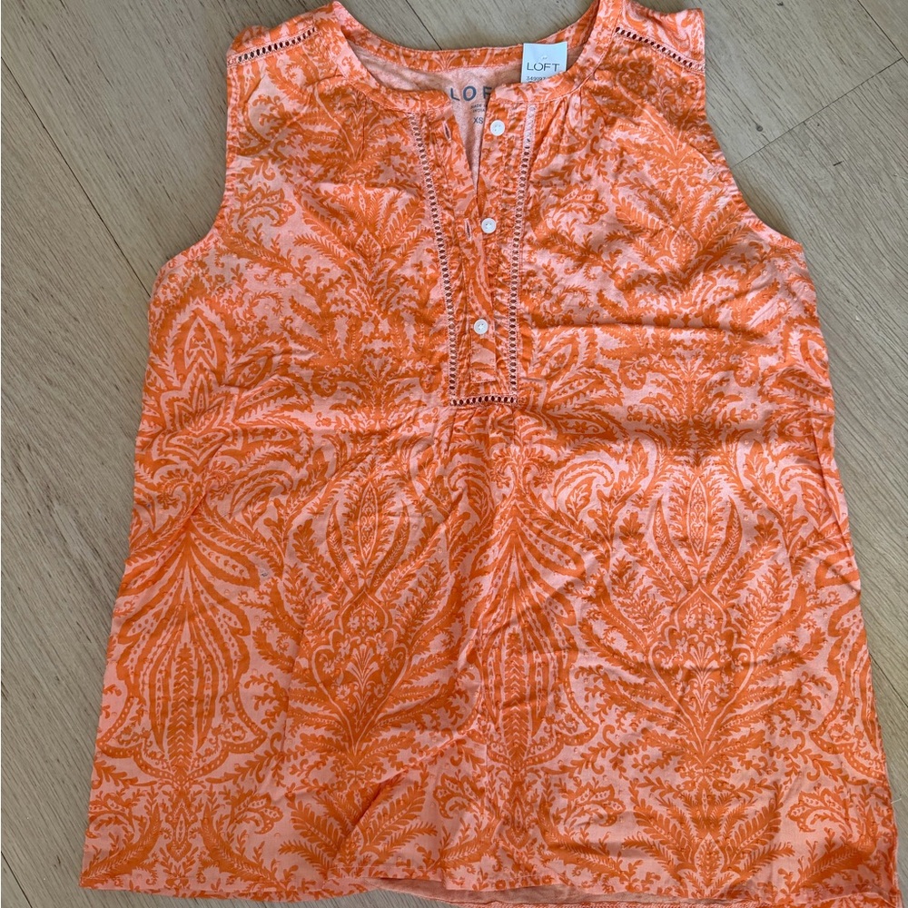 LOFT Orange Paisley Sleeveless Henley Tank